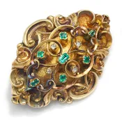 Antique Mourning Jewelry Emerald Brooch with Diamonds Yellow Gold