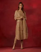 Beige Embroidered Chanderi Silk Suit Set