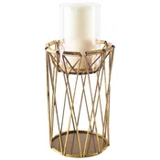 10" Antiqued Brass Distressed Geometric Metal And Glass Tabletop Hurricane Candle Holder