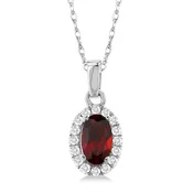 10Kt White Gold 5x3mm Oval Garnet & 0.07cttw Diamond Halo Birthstone Pendant