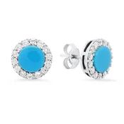 14K White Gold Halo Stud Earrings with 2 Flat Blue Turquoise