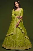 Art Silk Embroidered Lehenga Choli Dress Material In Mahendi (ACT3582)
