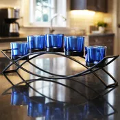 5-Cup Arch Candle Holder Centerpiece, Black with Blue Cups
