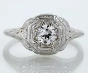 Antique 18k White Gold Engagement Ring: Arts & Crafts Bird Heart Filigree | Copper Canary Fine Jewelry