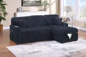 2-Pc Covertible Sectional W/ Usb Ports  & 2 Accent Pillows - Black Fur-Like Jumbo Corduroy