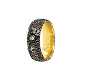7mm Custom Made, Dome Shaped Silver Ring with Medieval Inspired Engravings, 2 Lion Heads and Center Round Shaped Diamond