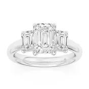 100 Facet Emerald Cut Lab Grown Diamond Engagement Ring with 2 Side Stones in 14k White Gold
