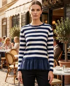 Navy and White Striped Tulle-Hem Long Sleeve Top SW-115