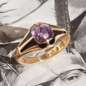 Antique c. 1844-45 Victorian English Amethyst and Black Enamel 14k Gold Ring
