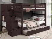 Bedz King Full Over Full Stairway Bunk Bed in Dark Cherry with Twin Trundle