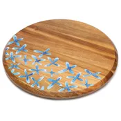 Acacia Wood Lazy Susan Turntable with Decorative Blue Floral Design 14" Diameter Condiment Caddy, Server, Kitchen Organizer