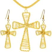 Gold Cross Necklace Earrings Set with Pearl Accents