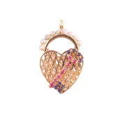 14K Gold Pearl, Ruby and Sapphire Heart and Key Charm