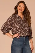3/4 Cinched Flounce Sleeve Blouse with Scallop Collar