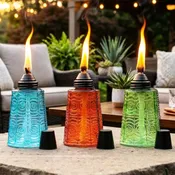 3pc Citronella Table Top Torches, Amber/Blue/Green