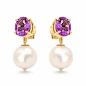 18K Gold Amethyst Pearl Drop Earrings