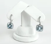 10k White Gold 8ctw Checkerboard Cut Blue Topaz Diamond Halo Leverback Earrings