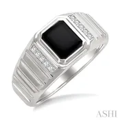 1/10 Ctw 8X7 MM Emerald Cut Onyx and Round Cut Diamond Semi-Precious Men's Ladder Groove Shank Ring in 10K White Gold