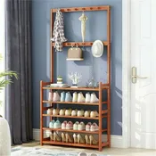 Bamboo Entryway Shoe Rack with Hooks