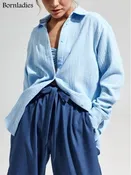 Bornladies 2023 Women’s Spring Summer 100% Cotton Shirts Office Lady Fashionable Solid Lady Long Sleeve Loose Tops Crepe Shirts