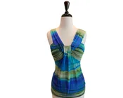Escada Blue & Green Stripe Strappy Silk Top