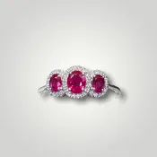 0.91 CT.T.W Ruby Three Stone 0.16 CT.T.W. Diamond Framed Ring in 18k White Gold