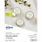 Avery  Multipurpose Label - x 2" Diameter - Permanent Adhesive - Round - Laser, Inkjet - Matte - Gold, Matte White - Gold Border - Paper - 12 / Sheet - 10 Total Sheets - 120 Total Label(s) - 120 / Pack