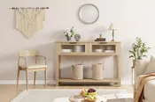 Console étroite à 2 niveaux avec 2 tiroirs en verre, table de canapé et d'entrée moderne pour salon, couloir, naturel
