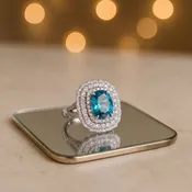 Blue Zircon Double Halo Cocktail Ring in White Gold, 7.53 ct
