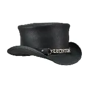 Black Genuine Leather Deadman Top Hat With Chrome Chain