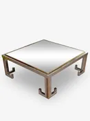 1960s Glass Coffee Table with Chrome and Brass Greek Key Design