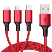 3-n-1 Sync &amp; Charge Cable for iPhone-Micro-Type C; 2.4A – Red