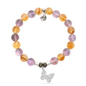 Amethyst Citrine Gemstone Bracelet with Butterfly Cutout Sterling Silver Charm