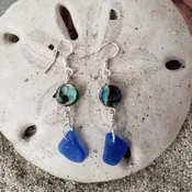Cobalt Blue Sea Glass and Abalone Dangle Earrings