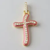 14k Yellow Gold Pink Glow in the Dark Cross with Diamonds — Cortes