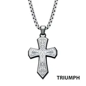 Black IP Steel Scroll Pattern Cross Pendant with S
