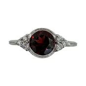 10K White Gold .12CTW Diamond Round Garnet Milgrain Bezel Ring