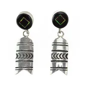 Abraham Begay - Navajo - Contemporary Fire Opal, Jet, and Sterling Silver Post Earrings with Stamped Design. 1.75" x 0.5" (J16034)