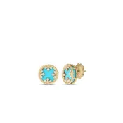 18K YELLOW GOLD COLORED MEDALLIONS SMALL DIAMOND AND TURQUOISE STUD EARRINGS