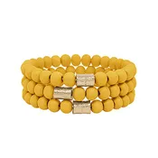 3 Row Metal Accent Wood Bead Bracelet - Mustard