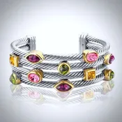 Blossom - Two-Tone Multicolor Cubic Zirconia Cuff Bracelet - Silver
