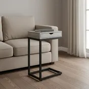 10.25" X 15.75" X 24.5" Grey Finish Drawer And Black Metal Accent Table