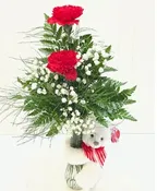 BEAR HUG VASE WITH 2 CARNATIONS