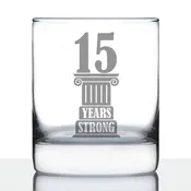 15 Years Strong Engraved Rocks Glass Gifts 15th Anniversary Party Decor Weighted Whiskey Glasses - 10.25 oz