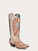 A4236 - WOMEN'S HEART AND WINGS OVERLAY EMBROIDERY AND STUDS BONE COLORED SNIP TOE COWBOY BOOT