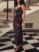Floral Patterned Mesh Dress with Spaghetti Straps