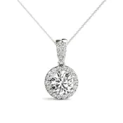 1.2CT Diamond Round Halo Pendant Necklace 14K White Gold Pave