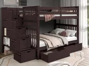 Bedz King Full Over Full Stairway Bunk Bed in Dark Cherry with 2 Storage Drawers