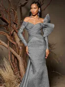 MNM Couture F02982 – Long Sleeve Mermaid Evening Gown with Structural Fan Accent