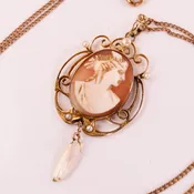 Antique 10k Gold Cameo Lavalier Necklace: Art Nouveau Seed Pearl Pendant